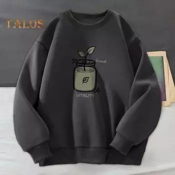 Осень-зима мужской топ с круглым вырезом, свободный, чистый цвет, растительный принт, эластичные манжеты, пуловер средней длины, спортивная повседневная одежда, школьная толстовка M чёрный