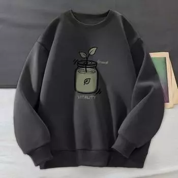 Осень-зима мужской топ с круглым вырезом, свободный, однотонный, с растительным принтом, эластичные манжеты, пуловер L чёрный