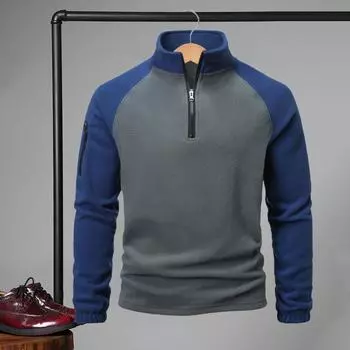 Осень-зима Мужской топ с застежкой-молнией и воротником-стойкой, защитный флисовый свитер средней длины с цветными блоками для уличной одежды, школьных свиданий M темно-синий