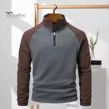 Осень-зима Мужской топ с застежкой-молнией и воротником-стойкой, защитный флисовый свитер средней длины с цветными блоками для уличной одежды, школьных свиданий M армия зеленый