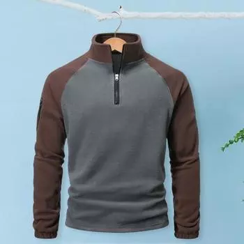 Осень-зима Мужской топ с застежкой-молнией и воротником-стойкой, защитный флисовый свитер средней длины с цветными блоками для уличной одежды, школьных свиданий M кофейный