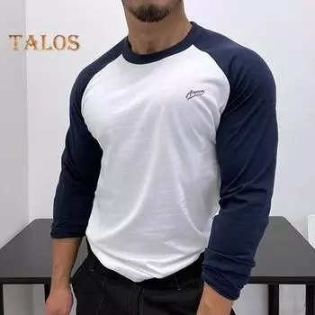 Осень-зима Мужской топ-топ облегающего кроя с рукавами реглан в стиле пэчворк с круглым вырезом, эластичный свитер с длинными рукавами, средней длины, для фитнеса, повседневная одежда, рубашка S белый