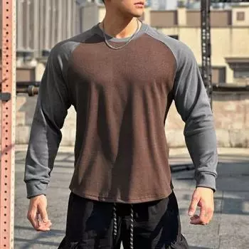Осень-зима Мужской топ-топ облегающего кроя с о-образным вырезом в стиле пэчворк, эластичный свитер с длинными рукавами, средней длины, для фитнеса, тренировок, бега, повседневной носки, рубашка S серый