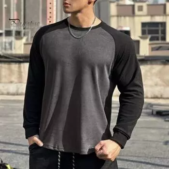 Осень-зима Мужской топ-топ облегающего кроя с о-образным вырезом в стиле пэчворк, эластичный свитер с длинными рукавами, средней длины, для фитнеса, тренировок, бега, повседневной носки, рубашка S белый