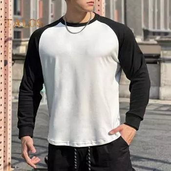 Осень-зима Мужской топ-топ облегающего кроя с о-образным вырезом в стиле пэчворк, эластичный свитер с длинными рукавами, средней длины, для фитнеса, тренировок, бега, повседневной носки, рубашка S кофейный