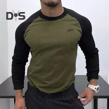 Осень-зима Мужской топ-топ облегающего кроя с рукавами реглан в стиле пэчворк с круглым вырезом, эластичный свитер с длинными рукавами, средней длины, для фитнеса, повседневная одежда, рубашка S светло-серый