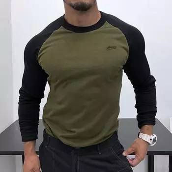 Осень-зима Мужской топ-топ облегающего кроя с рукавами реглан в стиле пэчворк с круглым вырезом, эластичный свитер с длинными рукавами, средней длины, для фитнеса, повседневная одежда, рубашка S белый