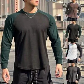 Осень-зима мужской топ-топ облегающий лоскутный свитер с круглым вырезом эластичный длинный рукав S кофейный