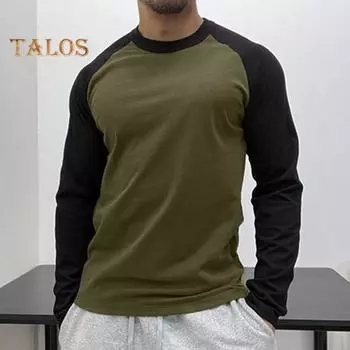 Осень-зима мужской топ-топ облегающий лоскутный свитер с круглым вырезом, эластичный, с длинными рукавами, средней длины, для фитнеса, повседневная одежда, рубашка XL коричневый