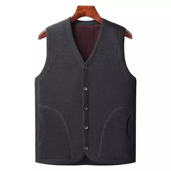 Осень-зима мужской жилет однобортный с V-образным вырезом толстый плюшевый кардиган без рукавов однотонный карманы повседневный холодостойкий мужской жилет больших размеров 3XL чёрный