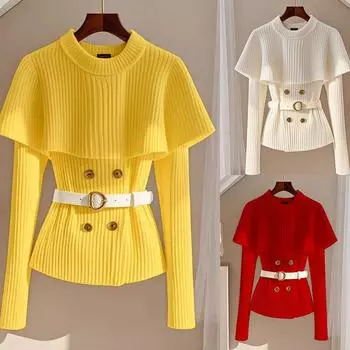 Осень-зима накидка шаль женская вязаная высококачественная с длинными рукавами женская трикотажная мода круглый вырез женский свитер топы S белый