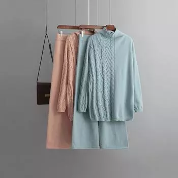 Осень-зима, негабаритный однотонный повседневный комплект с высоким воротом и длинным рукавом, женский мягкий ленивый вязаный свитер из двух предметов OneSize чёрный