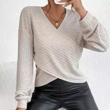 Осень-зима Niche V-образный вырез Крест-накрест Пуловер Длинные рукава Футболки Женские S чёрный