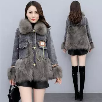Осень/зима новая джинсовая парка из искусственного меха лисы средней длины женская утепленная длинная шуба S серый