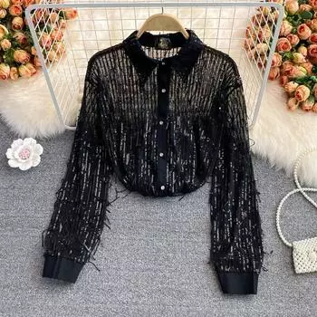 Осень-зима, новая корейская версия, свободная однобортная блузка с бахромой и блестками, профессиональная темпераментная блузка с длинным рукавом для