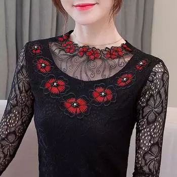 Осень/зима новая кружевная нижняя рубашка для женщин, утолщенная футболка с длинным рукавом, кружевной топ M-5XL M красный