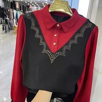 Осень-зима, новая мода, лоскутный топ из двух частей для женщин, полосатая блузка с длинными рукавами, рубашка с лацканами, горячая ромбовидная нижняя рубашка M чёрный