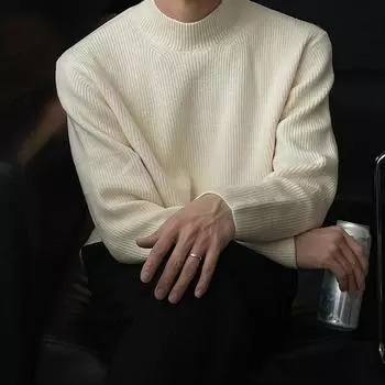 Осень-зима Новая мода Полувысокий воротник Длинный рукав Однотонные пуловеры Мужская одежда Вязание Свободные корейские универсальные трендовые топы L хаки