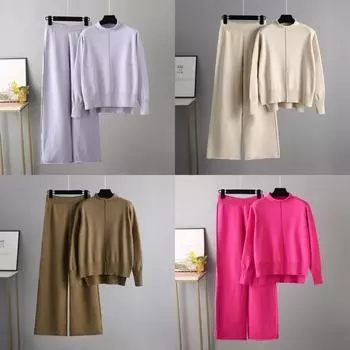 Осень-зима, новая мода, повседневный вязаный пуловер, костюм, однотонный, с полувысоким воротником, широкие брюки, комплект из двух предметов OneSize чёрный