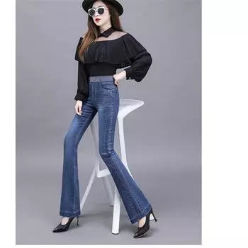Осень-зима, новая мода, теплые облегающие винтажные брюки, темпераментные повседневные расклешенные брюки, эластичные джинсовые брюки с высокой талией, женские брюки S
