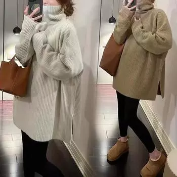 Осень-зима Новая мода Высокий воротник Длинный рукав Однотонные пуловеры Женская одежда Темперамент Вязание Корейский Универсальные Топы One Size белый