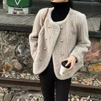 Осень-зима новая норковая шуба из искусственной норки женская двубортная шуба из композитного меха Within S 57.5kg бежевый