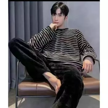 Осень-зима, новая пижама из кораллового флиса для мужчин, круглый вырез, длинный рукав, домашний комплект для мужчин, комплект из 2 предметов, модный полосатый домашний костюм для мужчин, одежда для сна 2XL