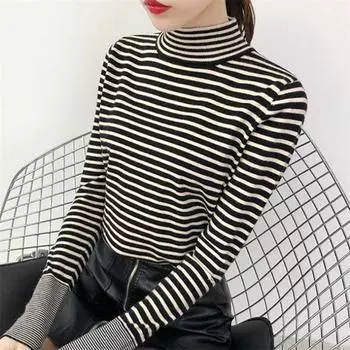 Осень-зима, новая полосатая вязаная нижняя рубашка с полувысоким воротником, женский свободный внутренний пуловер, свитер, топ one size бежевый