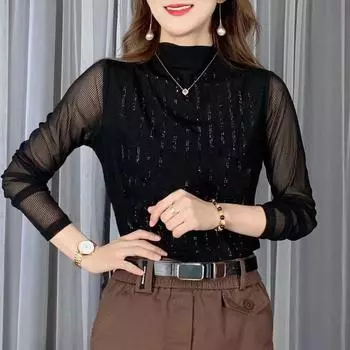 Осень/зима новая рубашка с сетчатым низом, облегающий топ с длинными рукавами, женские теплые пуловеры, футболка S чёрный