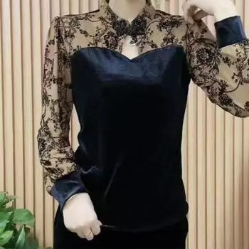 Осень-зима, новая рубашка с сетчатым низом, элегантная блузка с длинными рукавами и пряжкой, модная одежда для мам, L-4XL XL чёрный