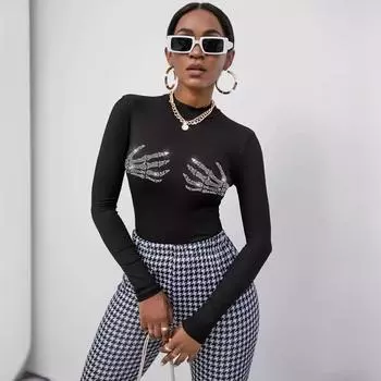 Осень-зима, новая трикотажная футболка в рубчик на Хэллоуин с изображением черепа и бриллиантов, женская XS чёрный