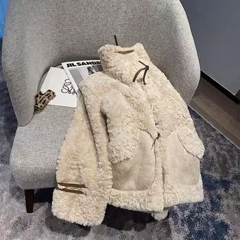 Осень-зима, новая утолщенная куртка из искусственной овечьей шерсти с интегрированным мехом, короткая женская, небольшого размера, обжаренная, уличная M Recommended within 57.5 kg синий