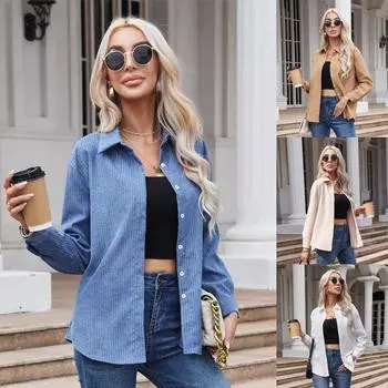 Осень-зима Новая вельветовая рубашка цвета хаки белого цвета для женщин с длинными рукавами и карманами на лацканах, свободный крой, верхняя часть пиджака S белый