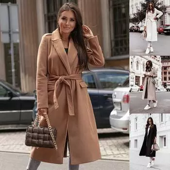 Осень-зима, новая верхняя одежда с длинными рукавами для женщин, простые однотонные длинные кардиганы на шнуровке, элегантные шерстяные и смесовые куртки с лацканами, топы XXL белый