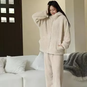 Осень/Зима Новая женская пижама с утолщенным бархатным капюшоном Домашняя одежда Комплект из двух предметов Милая верхняя одежда Комплект домашней одежды One Size