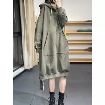 Осень-зима Новая женская свободная большая трикотажная длинная юбка с капюшоном и бархатным капюшоном Повседневное модное платье Юбка с большим карманом L чёрный