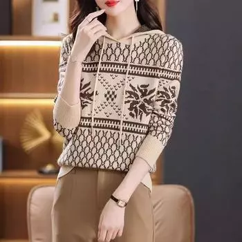 Осень-зима, новая женская жаккардовая толстовка с кепкой, стильный топ с круглым вырезом, замедляющий старение, для ценителей моды S чёрный