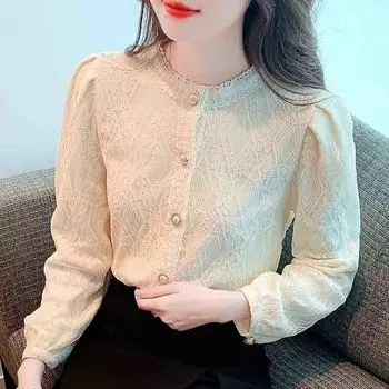 Осень-зима, новинка 2024 года, блузка с длинным рукавом и круглым вырезом, абрикосовая бархатная кружевная рубашка, женские топы, блузки, рубашки J764 S абрикосовый