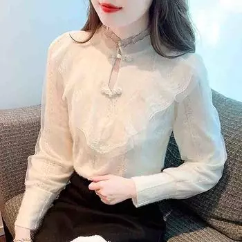 Осень-зима, новинка 2024 года, длинный рукав, отделка бисером, воротник-стойка, оборки, абрикосовый бархат, кружевная блузка, рубашка, женские топы, блузки, рубашки J769 S абрикосовый