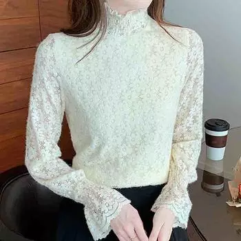 Осень-зима, новинка 2024 года, водолазка с длинным рукавом, тонкая абрикосовая бархатная кружевная блузка, рубашка, женские топы, блузки, рубашки J762 S абрикосовый