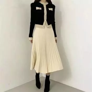 Осень-зима, новинка, однобортный кардиган с жемчужными пуговицами, свитер + плиссированная длинная юбка с высокой талией, вязаный комплект из 2 предметов, женский комплект One Size розовый