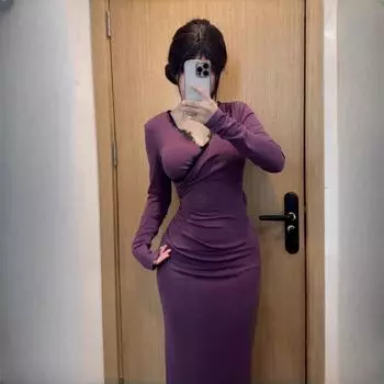 Осень-зима Новое длинное платье во французском стиле с глубоким V-образным вырезом, кружевным сращиванием, поясом на талии, длинным рукавом, облегающее платье для женщин S фиолетовый