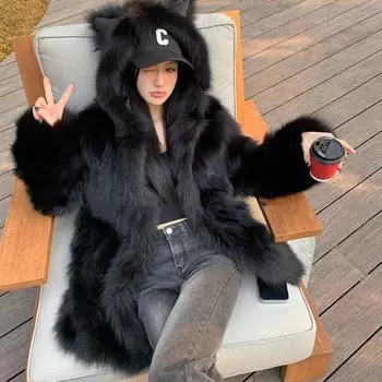 Осень-зима, новое искусственное меховое пальто, симпатичная мультяшная свободная зимняя куртка с капюшоном, утолщенная теплая плюшевая куртка для женщин S коричневый