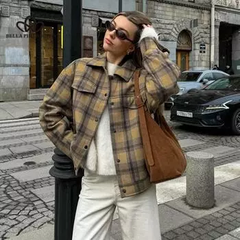 Осень-зима Новое клетчатое шерстяное пальто для женщин Senior Sense Retro Свободное шерстяное пальто Повседневный стиль Пальто женское пальто S