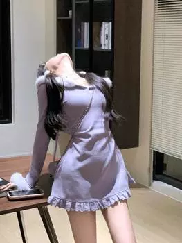 Осень-зима Новое милое платье с капюшоном для женщин Desire с длинными рукавами вечернее мини-платье женское Pruplle корейская мода теплое платье 2024 S