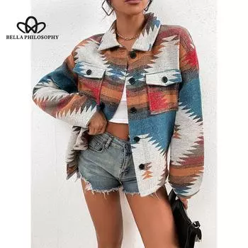 Осень-зима, новое однобортное однобортное жаккардовое женское шерстяное пальто с воротником-поло с геометрическим рисунком, повседневное пальто S разноцветный