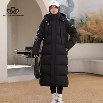 Осень-зима, новое свободное теплое пуховое пальто, однотонное пальто с капюшоном 90, белое пальто на утином пуху, длинное утолщенное пуховое пальто выше колена S чёрный