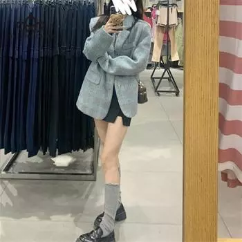 Осень-зима, новое винтажное шерстяное пальто в клетку, корейский стиль, повседневный дизайн, свободный костюм Advanced Sense, шерстяное пальто S синий