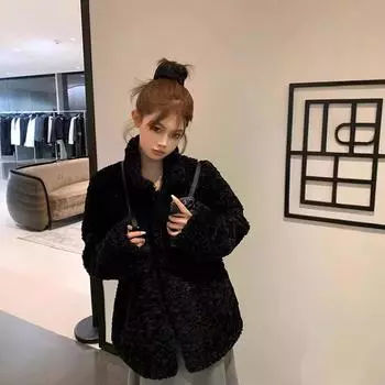Осень-зима, новое женское пальто из искусственного меха ягненка, среднее и длинное, плюшевое, легкое, свободное шерстяное пальто S чёрный