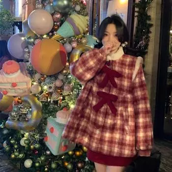 Осень-зима Новое женское твидовое пальто с бантом в клетку, красное короткое твидовое пальто, милые универсальные пальто и куртки для женщин M красный